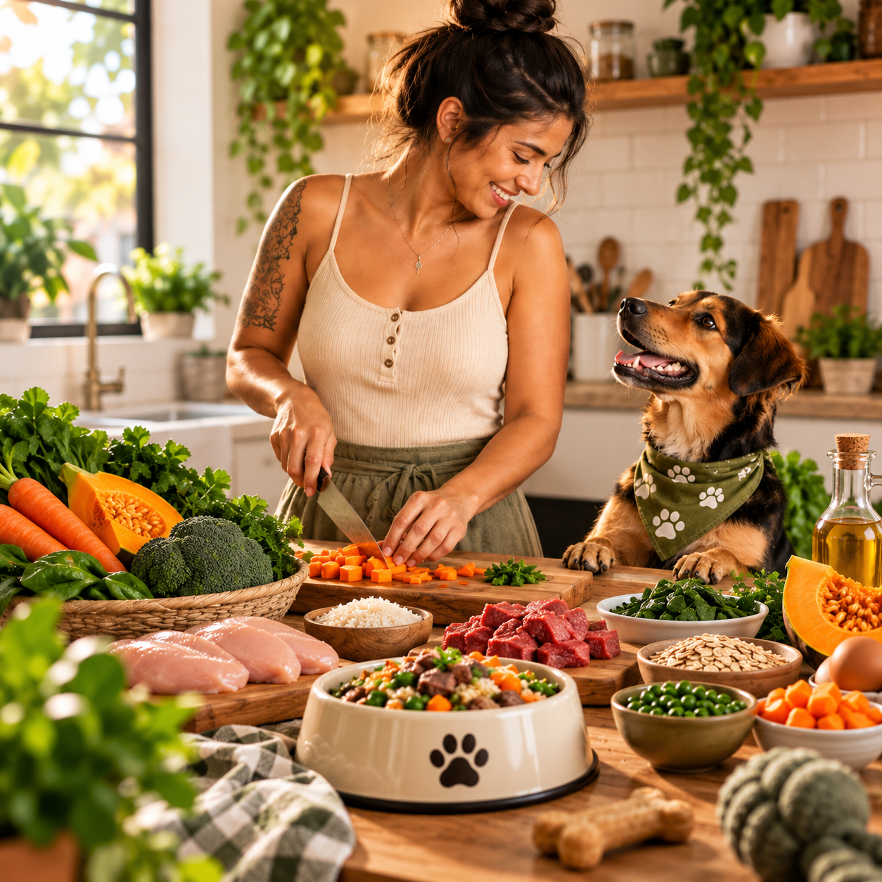 Tutora preparando refeição caseira com ingredientes frescos ao lado do seu cachorro